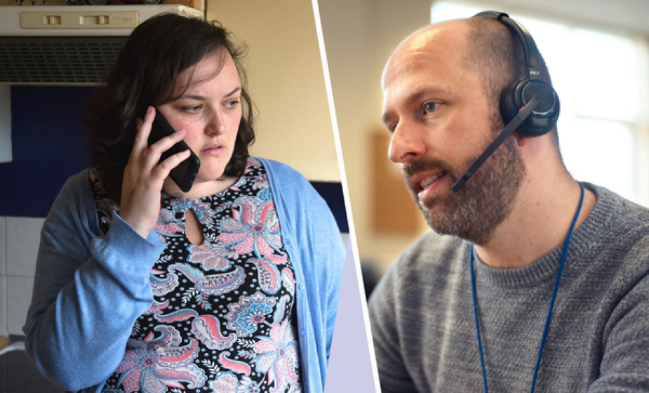 Illustration of telephone counselling, showing one person speaking on a mobile phone and another person wearing a headset and talking during a call. The split-screen image represents a remote support or counselling conversation taking place over the 
