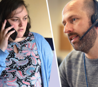 Illustration of telephone counselling, showing one person speaking on a mobile phone and another person wearing a headset and talking during a call. The split-screen image represents a remote support or counselling conversation taking place over the 