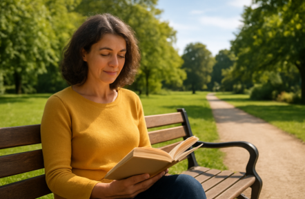 Carer taking time out on a park bench—reading, relaxing and enjoying a peaceful moment outdoors
