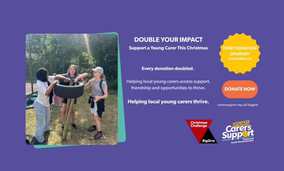 Promotional graphic for the Big Give Christmas Challenge. On the left, three young people take part in an outdoor team-building activity, working together to lift a tyre onto wooden posts in a grassy area. On the right, text reads: "Double Your 