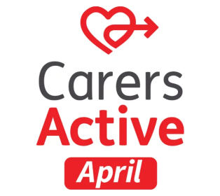 Carers Active April logo featuring a heart-shaped arrow above the words “Carers Active” and “April” in red and grey text on a light grey background.
