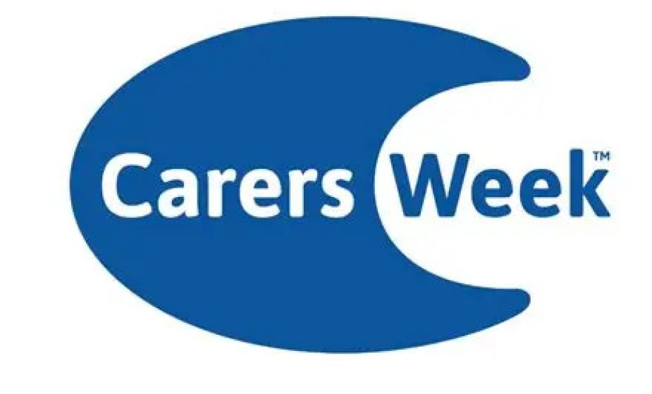 Carers Week logo featuring the words "Carers Week" in white and blue inside a blue crescent-shaped graphic on a light grey background.