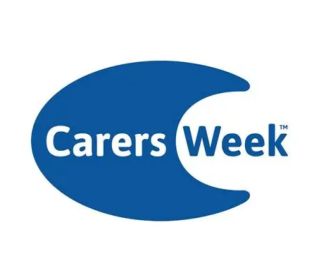 Carers Week logo featuring the words "Carers Week" in white and blue inside a blue crescent-shaped graphic on a light grey background.