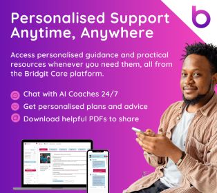 Promotional graphic for the Bridgit digital support platform, featuring the headline “Personalised Support Anytime, Anywhere”, a list of platform features, images of a laptop and smartphone, and a person holding a mobile phone against a purple backgr