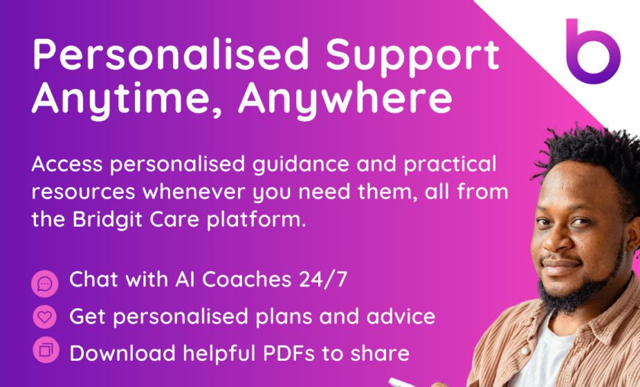 Promotional graphic for the Bridgit digital support platform, featuring the headline “Personalised Support Anytime, Anywhere”, a list of platform features, images of a laptop and smartphone, and a person holding a mobile phone against a purple backgr