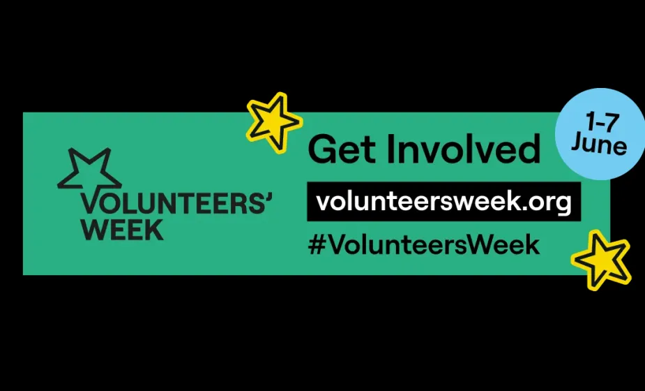 Volunteers' Week promotional banner with the Volunteers' Week logo, the message "Get Involved", the website address volunteersweek.org, the hashtag #VolunteersWeek, and the dates 1–7 June, alongside decorative star illustrations.