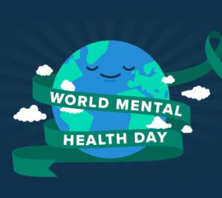 Illustration of a smiling globe wrapped in a green ribbon reading “World Mental Health Day,” with clouds and a green awareness ribbon symbol.